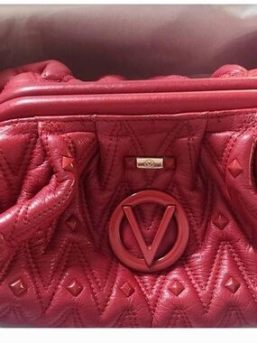 Valentino Red Quilted Leather Shoulder Bag with V Logo